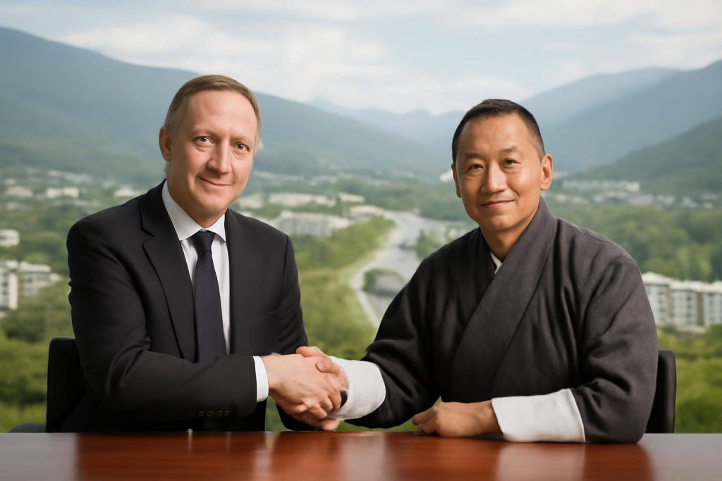 Two men, one in a suit and the other in traditional attire, shake hands while sitting at a table with a scenic, mountainous landscape in the background.