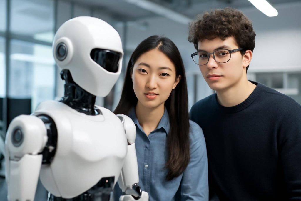 Two young adults stand next to a white humanoid robot in a modern office setting. Both are looking at the camera, and the environment appears to be related to technology or robotics.