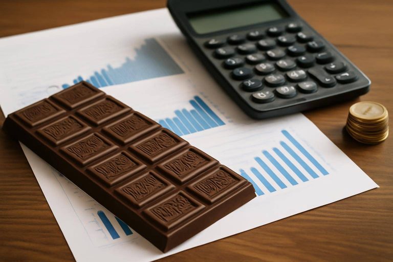 A chocolate bar, a calculator, and stacked coins sit on printed graphs with blue bar charts, all arranged on a wooden table.