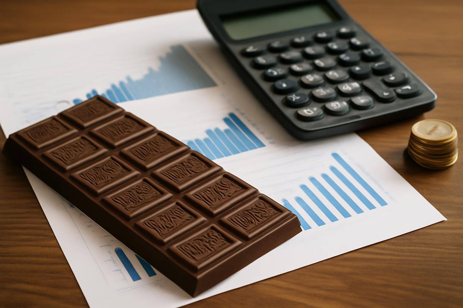 A chocolate bar, a calculator, and stacked coins sit on printed graphs with blue bar charts, all arranged on a wooden table.