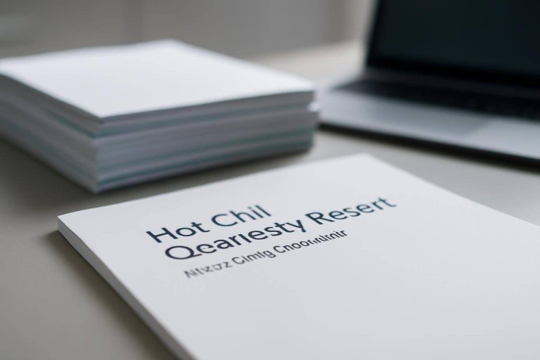 A close-up of a document titled Hot Chil Qeariesty Resort on a desk, with a stack of papers and a partially visible laptop in the background.