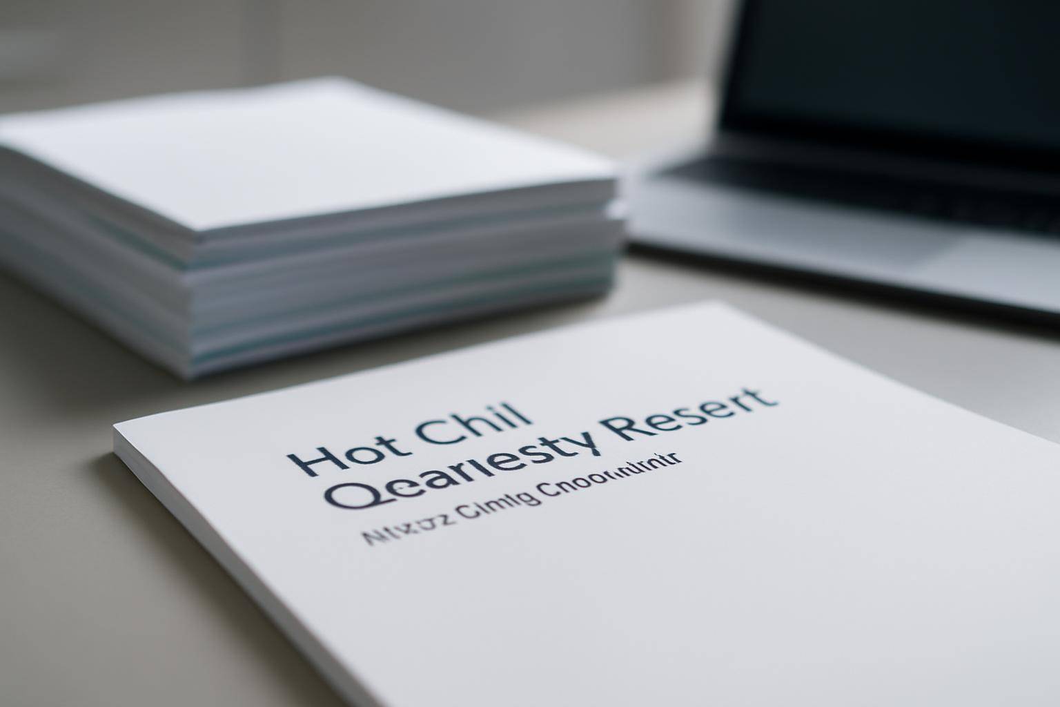 A close-up of a document titled Hot Chil Qeariesty Resort on a desk, with a stack of papers and a partially visible laptop in the background.
