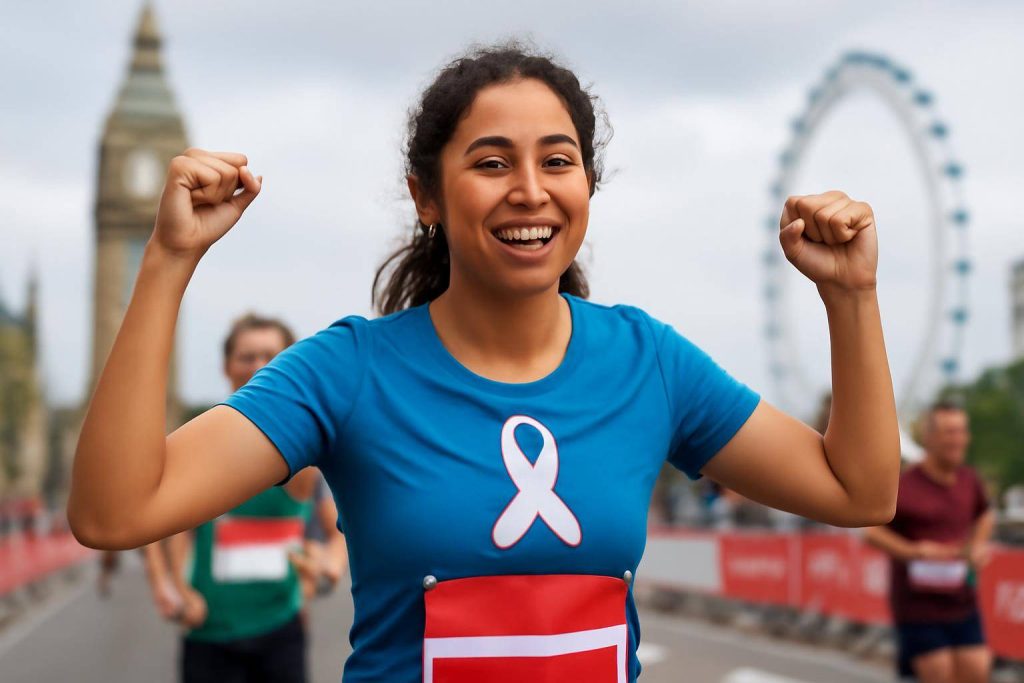 A smiling woman in a blue shirt with a white ribbon symbol raises her arms in victory while running a race. The background shows other runners and famous London landmarks.