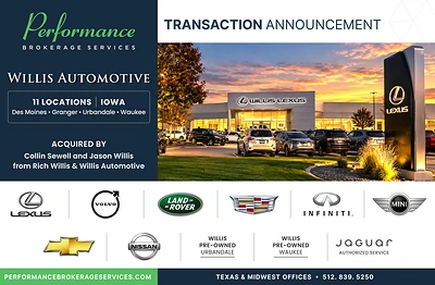 Performance Brokerage Services Advises on the Sale of Willis Automotive with 11 Locations in Iowa, from Rich Willis and Willis Automotive to Collin Sewell and Jason Willis